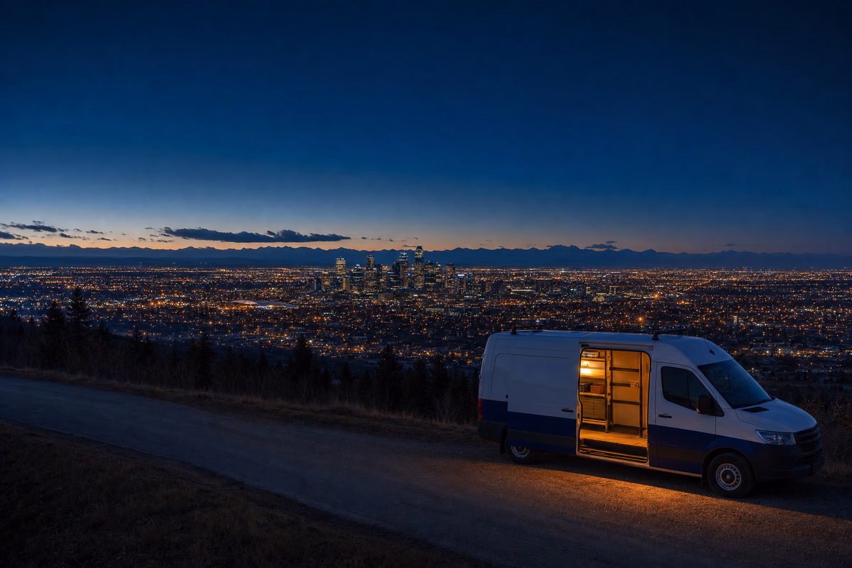 A Luckey Lock locksmith van above Calgary at dusk, with the city and the foothills behind it