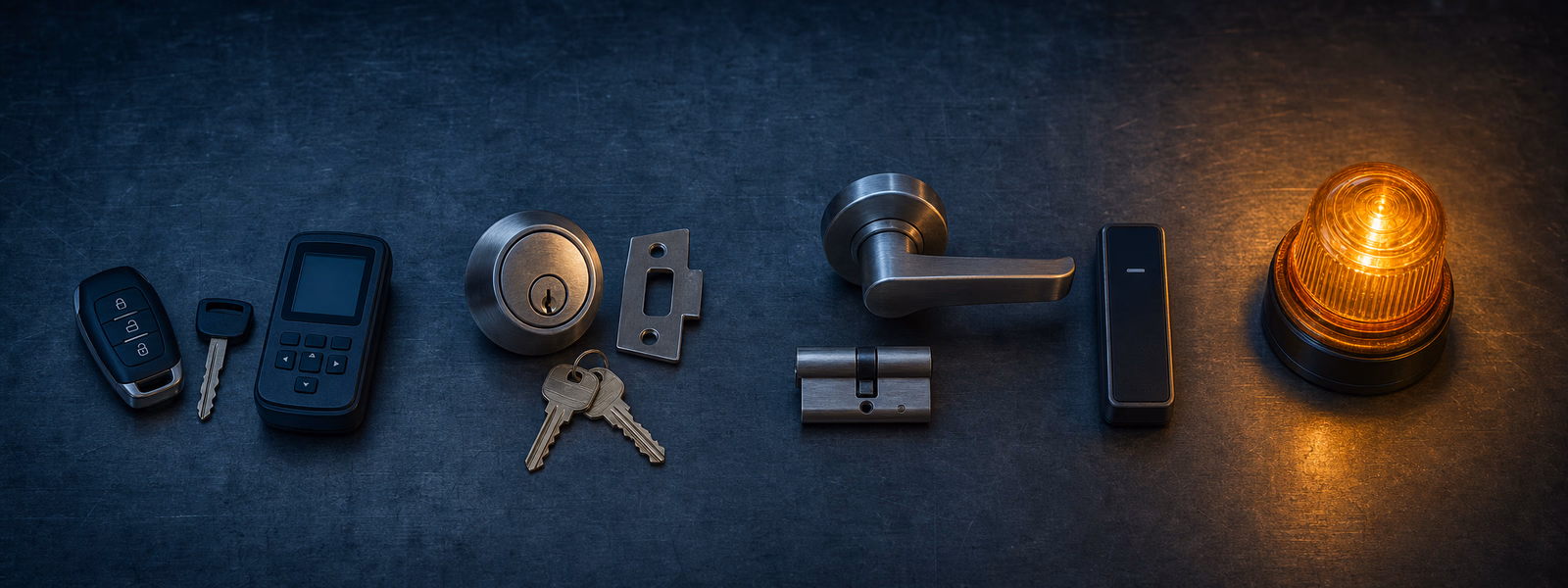 Car keys, a house deadbolt, a commercial lever handle and an emergency beacon laid out on a locksmith workbench